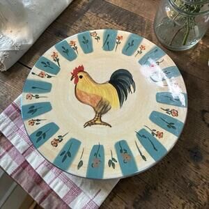 Rooster Ceramic Round Blue Trivet Hot Plate - 6.25" Diameter - Kitchen Decor